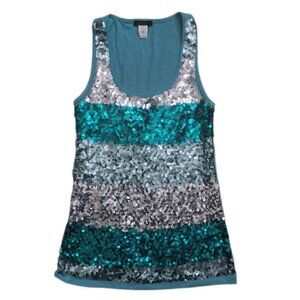 Deb Womens Sz 1X Blue Silver Sequin Sleeveless Tank Top Sleeveless